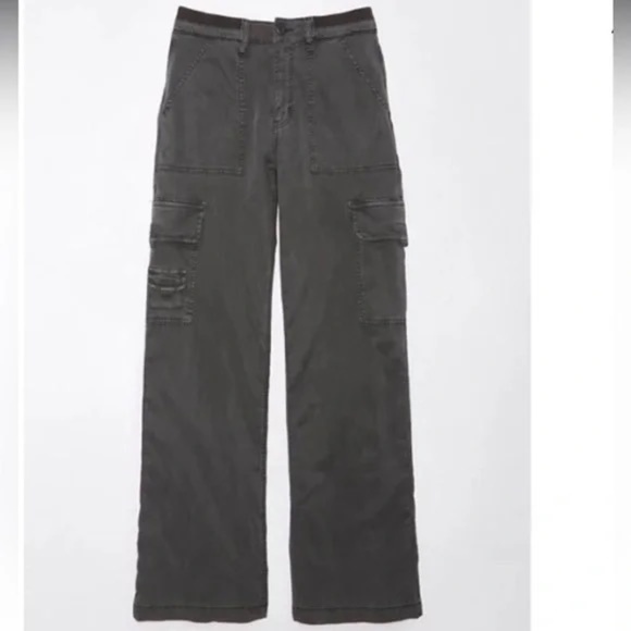 AMERICAN EAGLE Super High Rise Baggy Wide Leg Stretch Gray Cargo Pants 10 R NEW - Picture 7 of 7